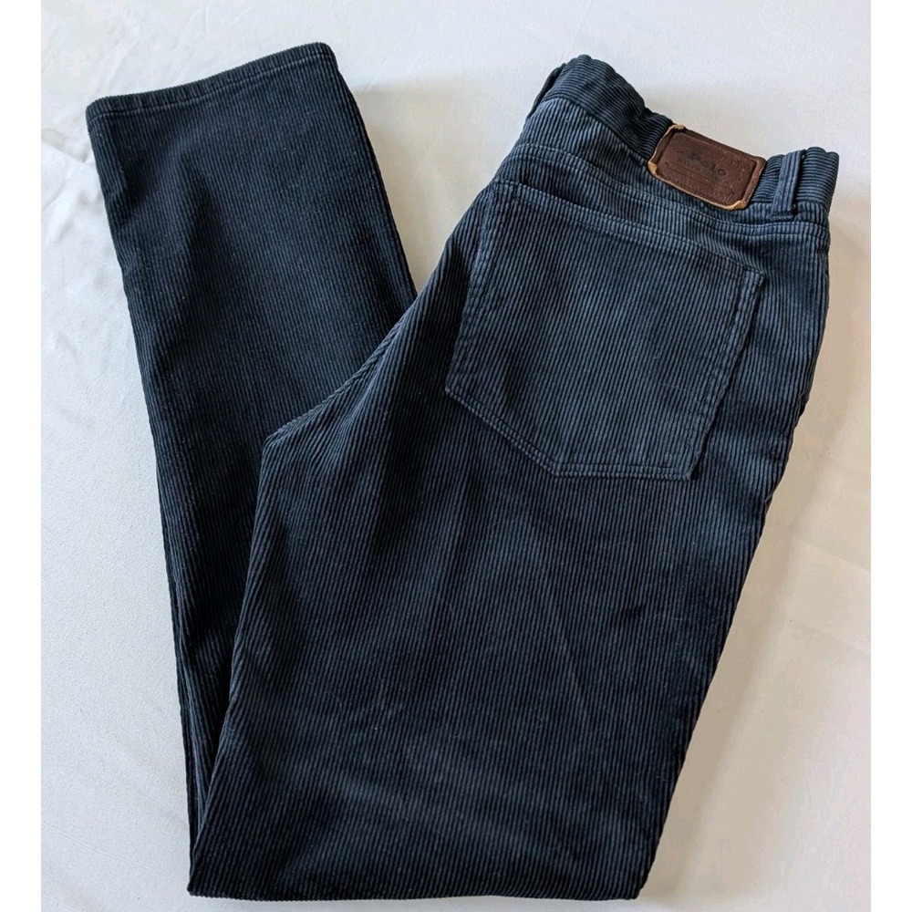 Polo Ralph Lauren Corduroy Pants Men's 34x30 Navy Blue 5 Pocket Leather Patch